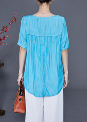 Fine Blue O-Neck Patchwork Silk Shirt Tops Summer