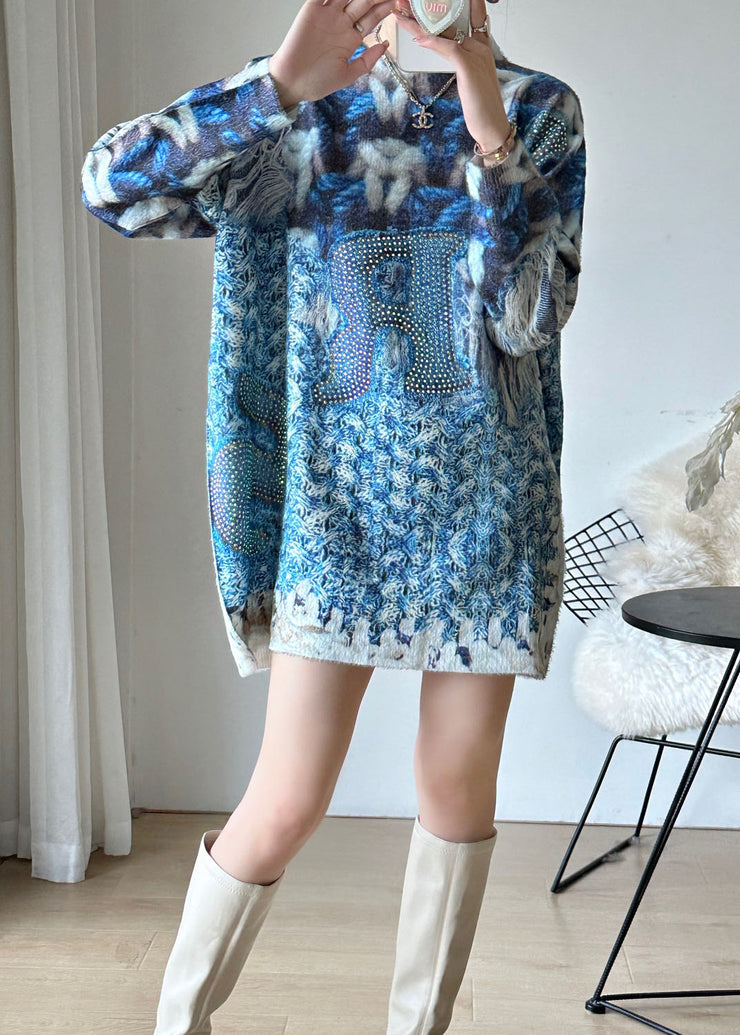 Fine Blue O Neck Zircon Print Mink Hair Knitted Blouse Tops Spring