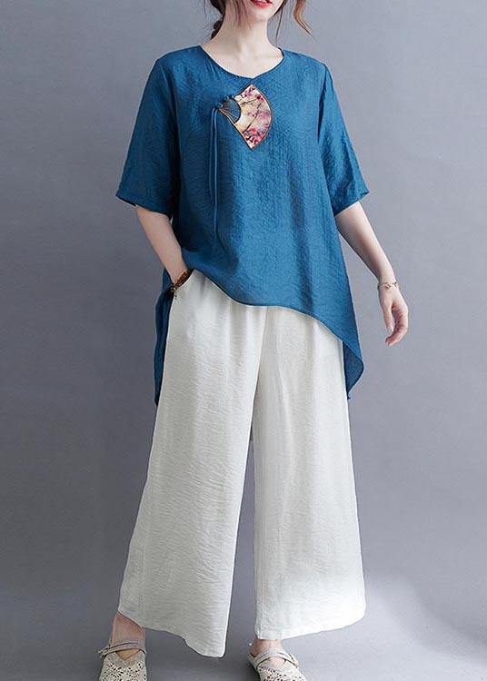 Fine Blue Oriental Cotton Linen Summer Tee - SooLinen