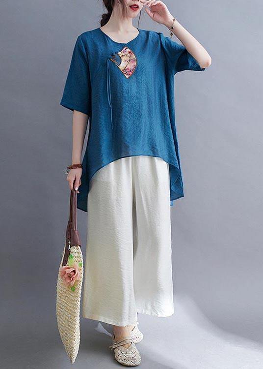 Fine Blue Oriental Cotton Linen Summer Tee - SooLinen