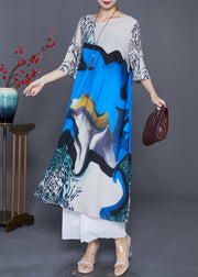 Fine Blue Oversized Print Silk Maxi Dresses Half Sleeve