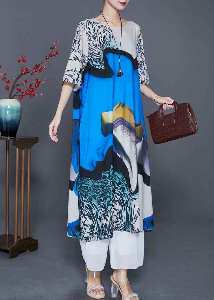 Fine Blue Oversized Print Silk Maxi Dresses Half Sleeve