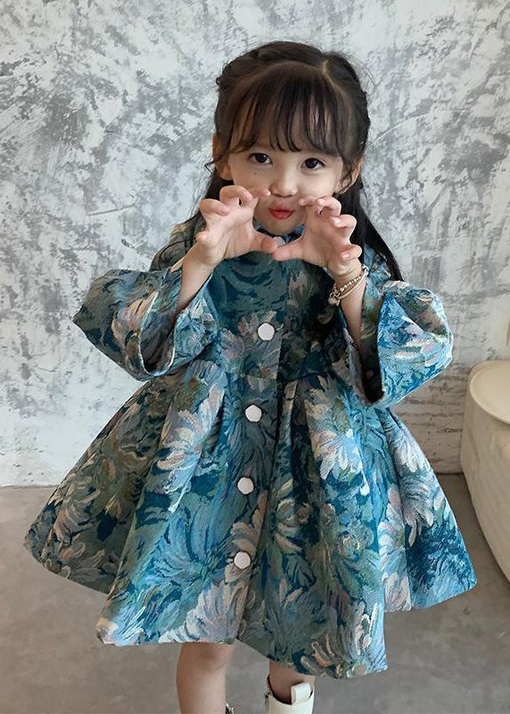 Fine Blue Peter Pan Collar Wrinkled Patchwork Cotton Kids Girls Trench Fall