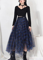 Fine Blue Plaid Button Asymmetrical Summer Skirt - SooLinen