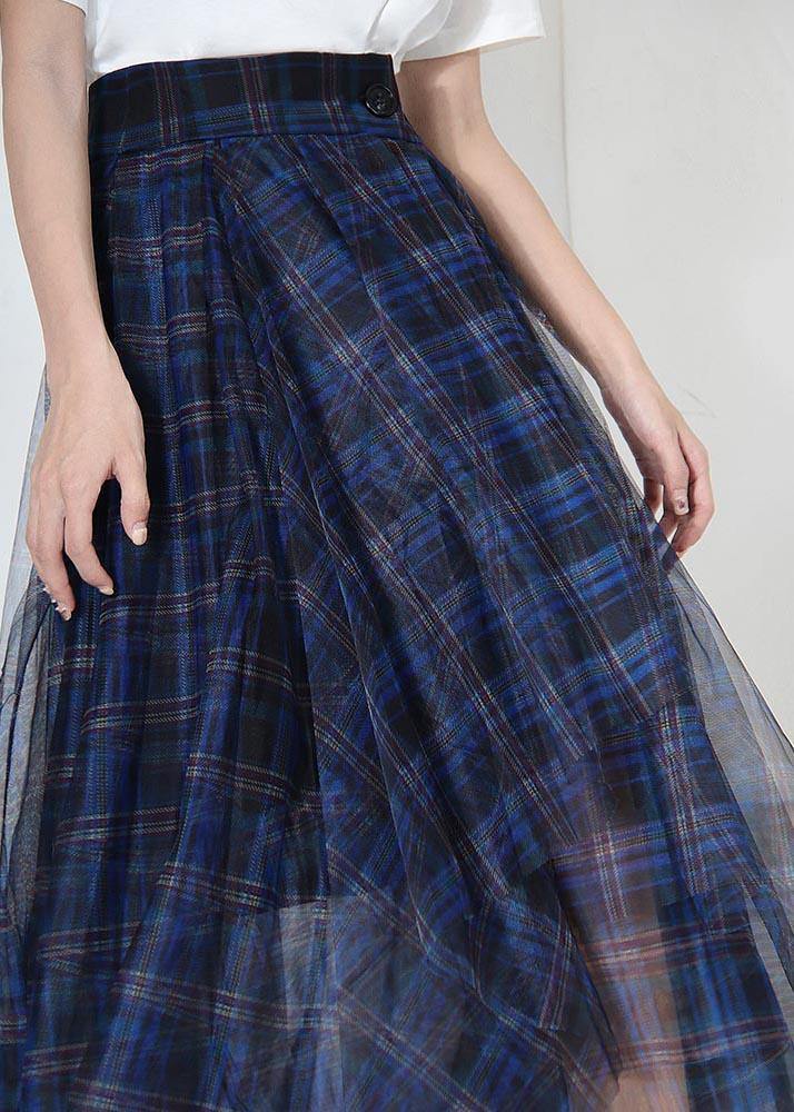 Fine Blue Plaid Button Asymmetrical Summer Skirt - SooLinen