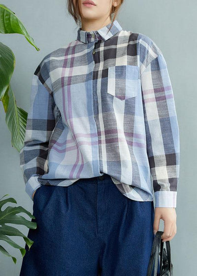 Fine Blue Plaid Print Pockets Button Fall Shirt Long Sleeve - SooLinen