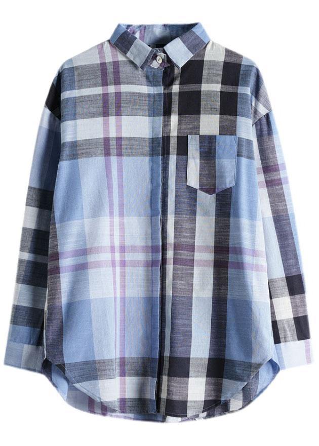 Fine Blue Plaid Print Pockets Button Fall Shirt Long Sleeve - SooLinen
