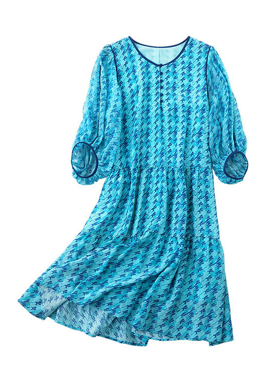 Fine Blue Print Patchwork Vacation Mid Dress Half Sleeve