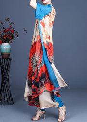 Fine Blue Print Stand Silk Two Piece Outfit Summer - SooLinen
