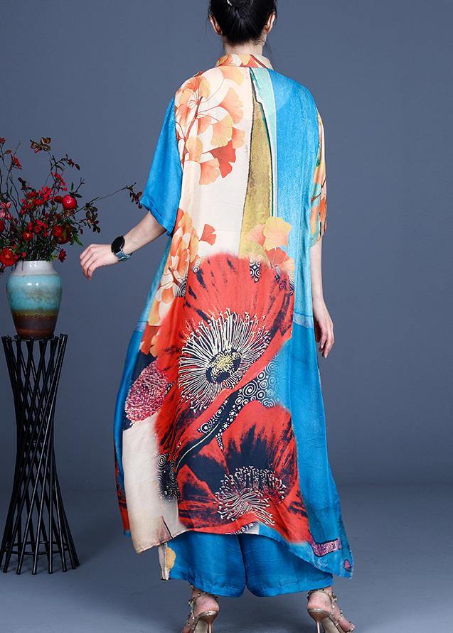 Fine Blue Print Stand Silk Two Piece Outfit Summer - SooLinen