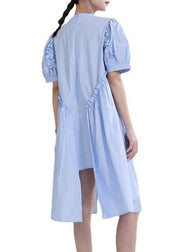 Fine Blue Puff Sleeve Asymmetrical Design Summer Vacation Dress Short Sleeve - SooLinen