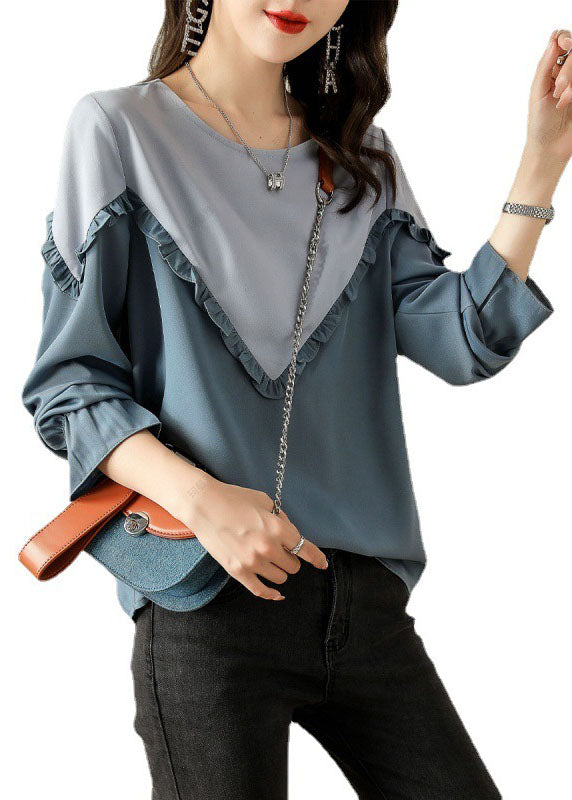 Fine Blue Ruffled Patchwork Cotton Shirts Spring