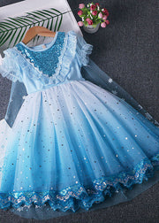 Fine Blue Ruffled Sequins Lace Patchwork Tulle Baby Girls Princess Dress Summer