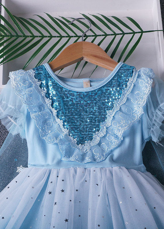 Fine Blue Ruffled Sequins Lace Patchwork Tulle Baby Girls Princess Dress Summer