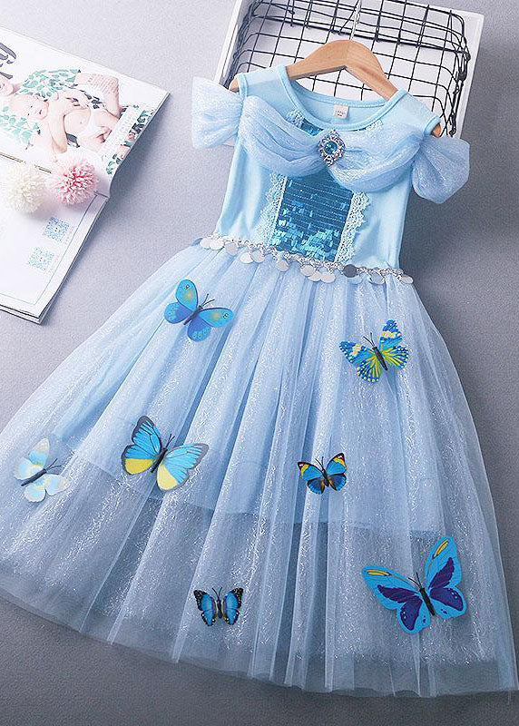 Fine Blue Sequins Wrinkled Patchwork Tulle Kids Girls Princess Dress Summer