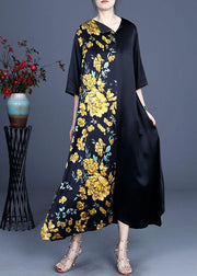 Fine Blue V Neck Asymmetrical Design Summer Silk  Ankle Dress - SooLinen