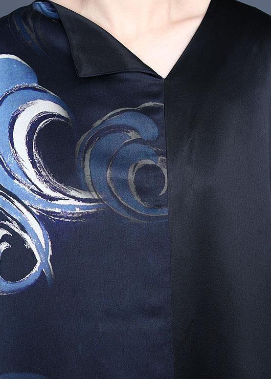 Fine Blue V Neck Asymmetrical Design Summer Silk  Ankle Dress - SooLinen