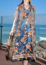 Fine Blue V Neck Print 2024 Silk Fake Two Piece Vacation Dresses Short Sleeve