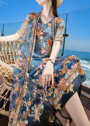 Fine Blue V Neck Print 2024 Silk Fake Two Piece Vacation Dresses Short Sleeve