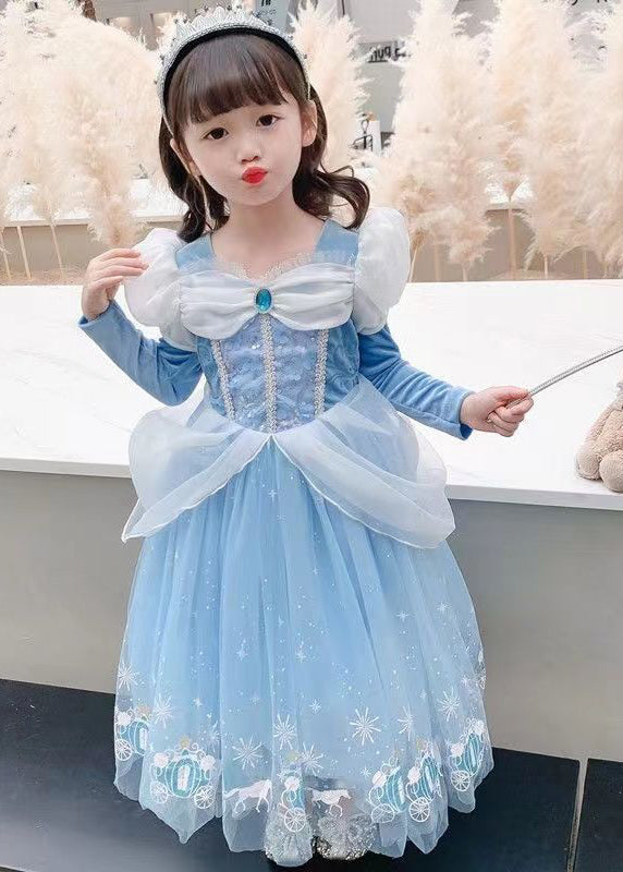 Fine Blue Wrinkled Cartoon Patchwork Tulle Kids Girls Princess Dress Fall