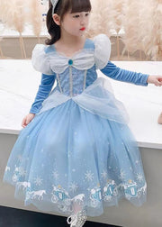 Fine Blue Wrinkled Cartoon Patchwork Tulle Kids Girls Princess Dress Fall