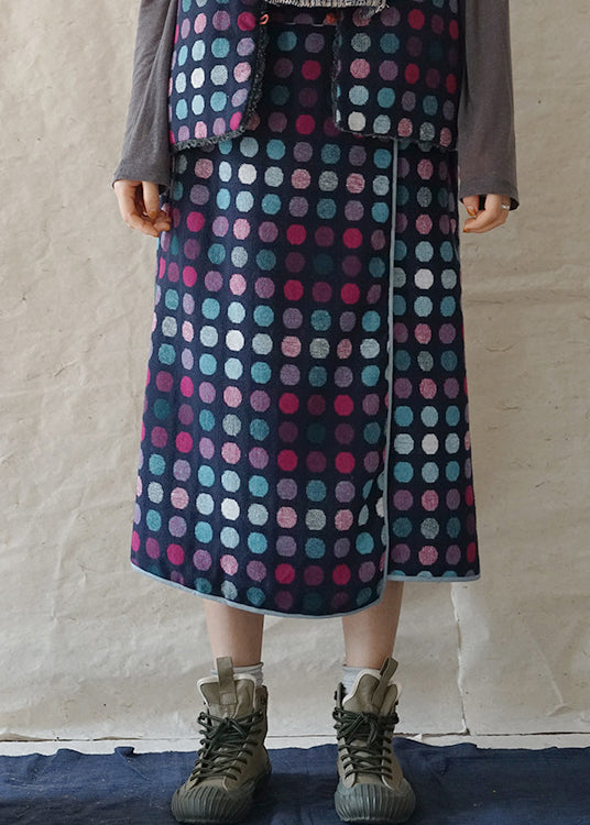 Fine Blue elastic waist asymmetrical design dot Woolen Skirt Spring
