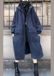 Fine Blue hooded Loose Casual Winter Long sleeve Trench Coats