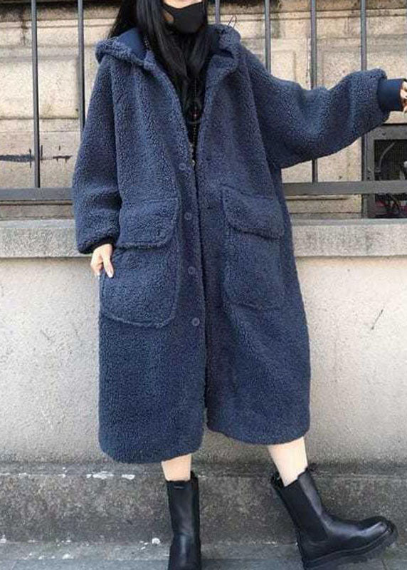 Fine Blue hooded Loose Casual Winter Long sleeve Trench Coats