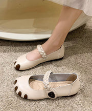 Fine Buckle Strap Flat Shoes For Women Beige Cowhide Leather