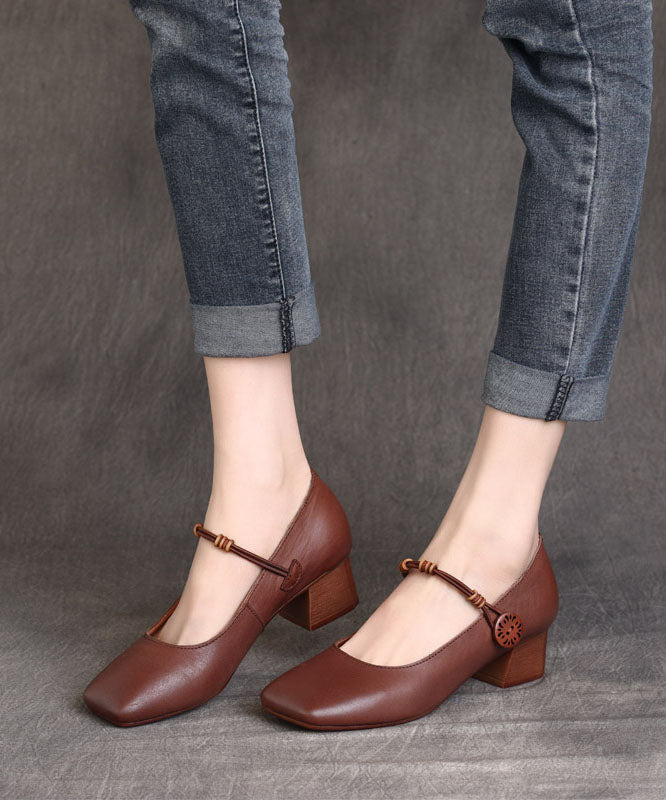 Fine Buckle Strap Splicing Chunky High Heels Brown Cowhide Leather