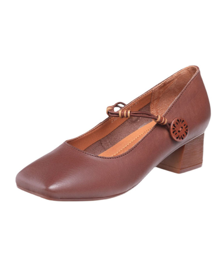 Fine Buckle Strap Splicing Chunky High Heels Brown Cowhide Leather