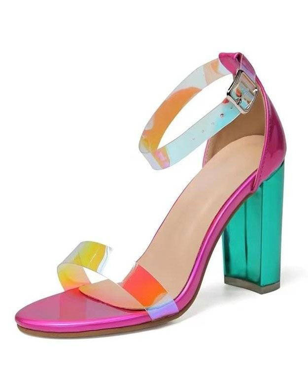 Fine Buckle Strap Splicing Chunky High Heels Sandals For Women Colorblock Faux Leather