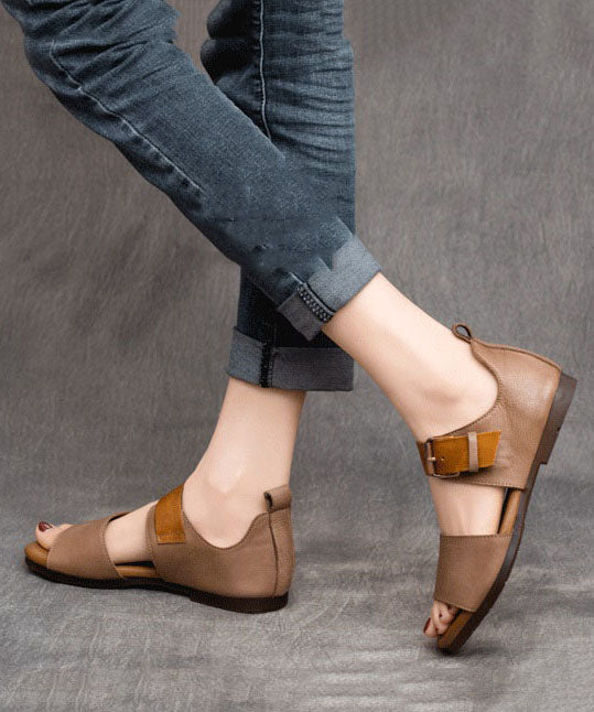 Fine Buckle Strap Splicing Peep Toe Flat Sandals Khaki Cowhide Leather