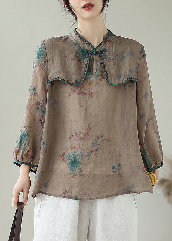 Fine Chocolate Embroidered Print Chinese Button Linen Top Summer