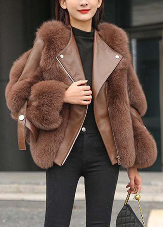 Fine Chocolate Fox Collar Zippered Leather And Faux Fur Coats Winter