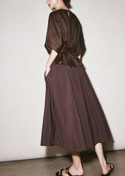 Fine Chocolate O-Neck Tie Waist Silk Top And Skirts Two Pieces Set Summer