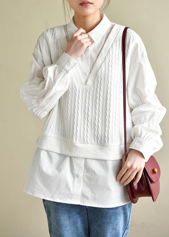 Fine Cinched Peter Pan Collar White Button Down Top - SooLinen