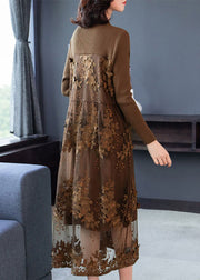 Fine Chocolate Embroidered Patchwork Warm Fleece Dresses Winter