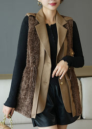 Fine Chocolate Notched Patchwork Button Faux Fur Waistcoat Fall