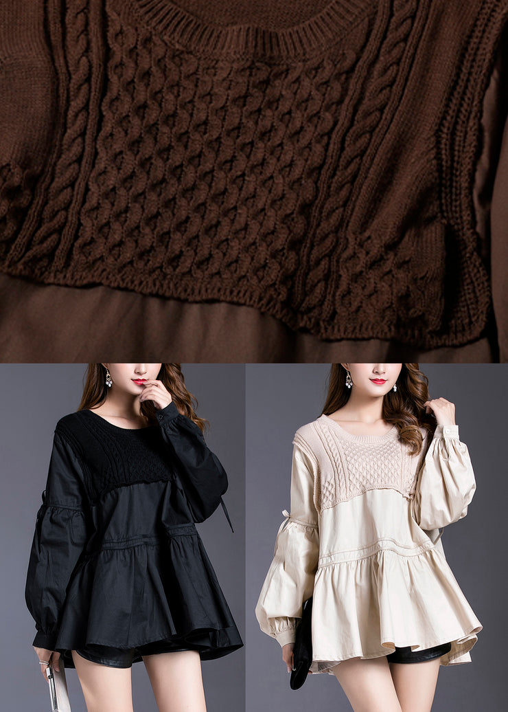 Fine Chocolate O-Neck Patchwork Cotton Tops Spring