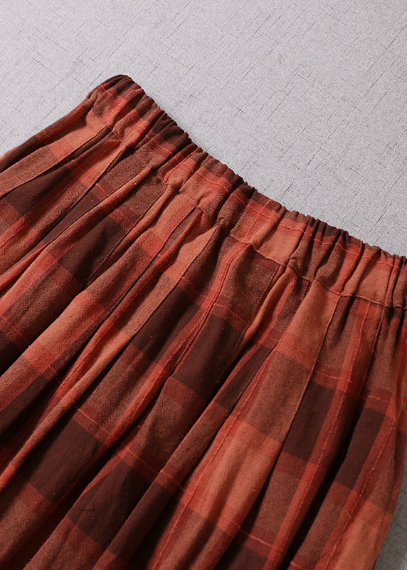 Fine Chocolate Plaid wrinkled Pockets Cotton Skirt Spring