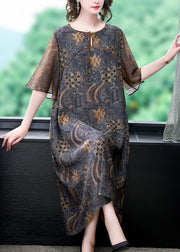 Fine Colorblock O Neck Print Patchwork Silk Long Dress Summer