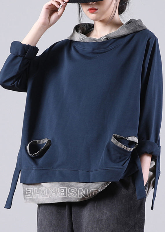 Fine Dark Blue Alphabet Graphic Patchwork Hooded Sweatshirt Long Sleeve