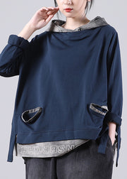 Fine Dark Blue Alphabet Graphic Patchwork Hooded Sweatshirt Long Sleeve