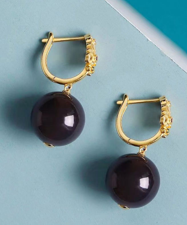 Fine Dark Purple Ancient Gold Inlaid Pearl Ball Drop Earrings