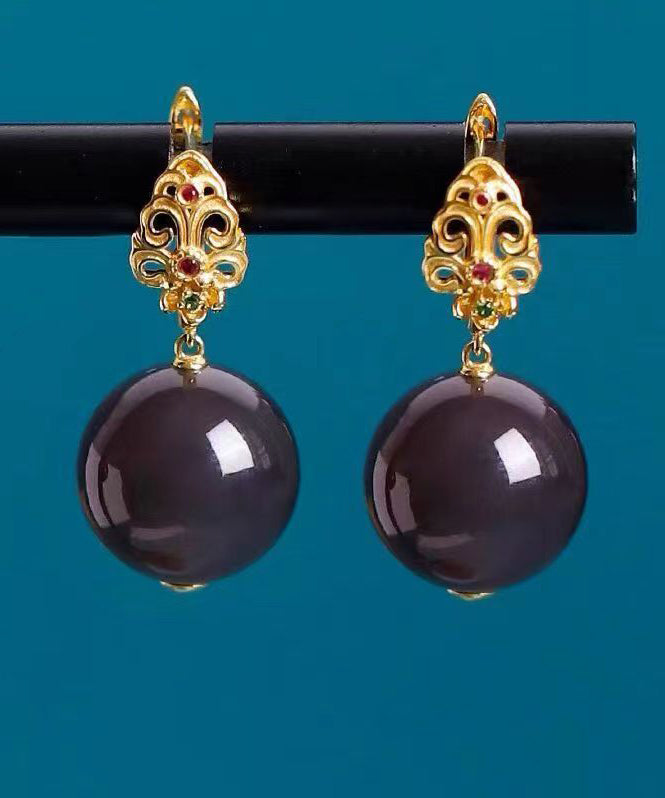 Fine Dark Purple Ancient Gold Inlaid Pearl Ball Drop Earrings