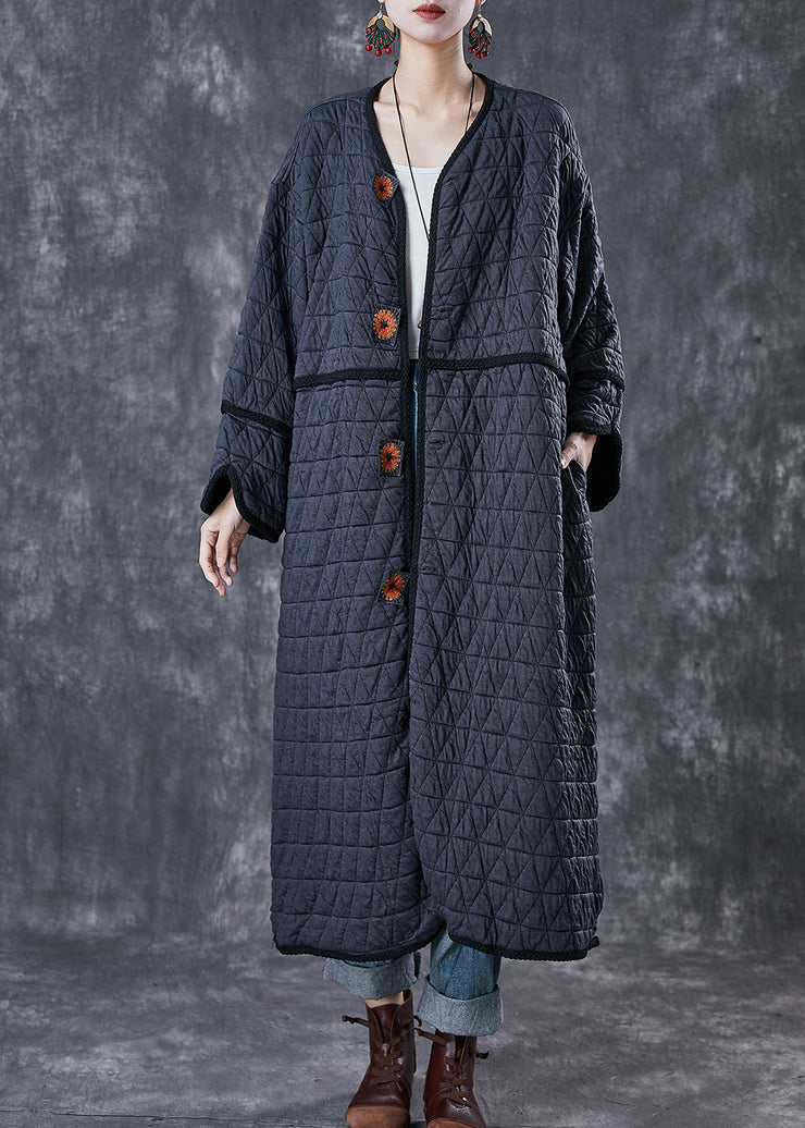 Fine Dull Grey Embroidered Oversized Fine Cotton Filled Coat Winter