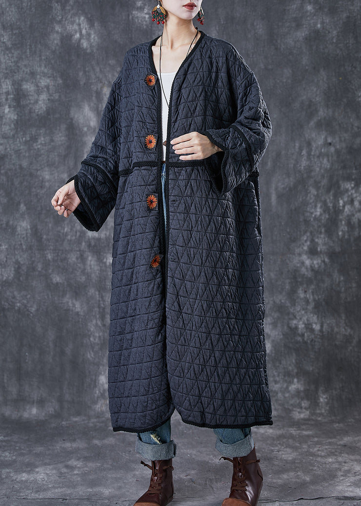 Fine Dull Grey Embroidered Oversized Fine Cotton Filled Coat Winter