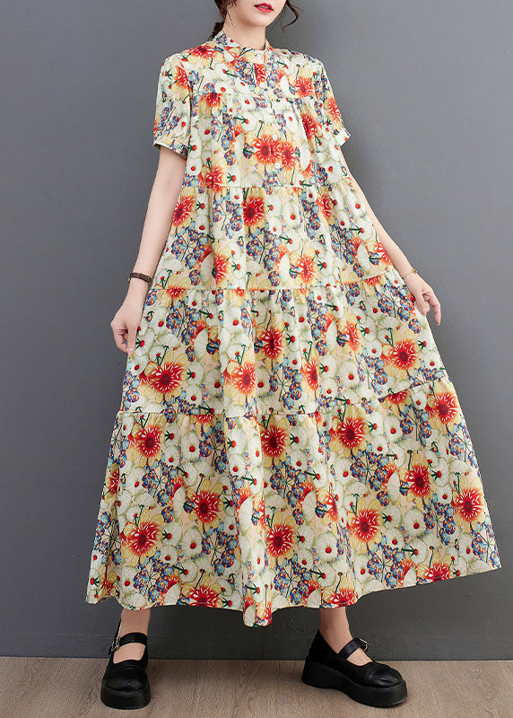 Fine Floral Print Stand Collar Exra Large Hem Cotton Shirt Dresses Summer