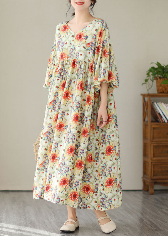 Fine Floral V Neck Wrinkled Patchwork Cotton Long Dresses Summer